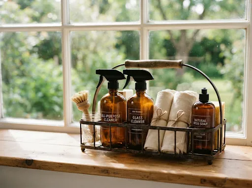 A cleaning caddy on a window sill
