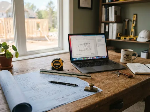 Contractor desk with plans, a tape measure and a laptop