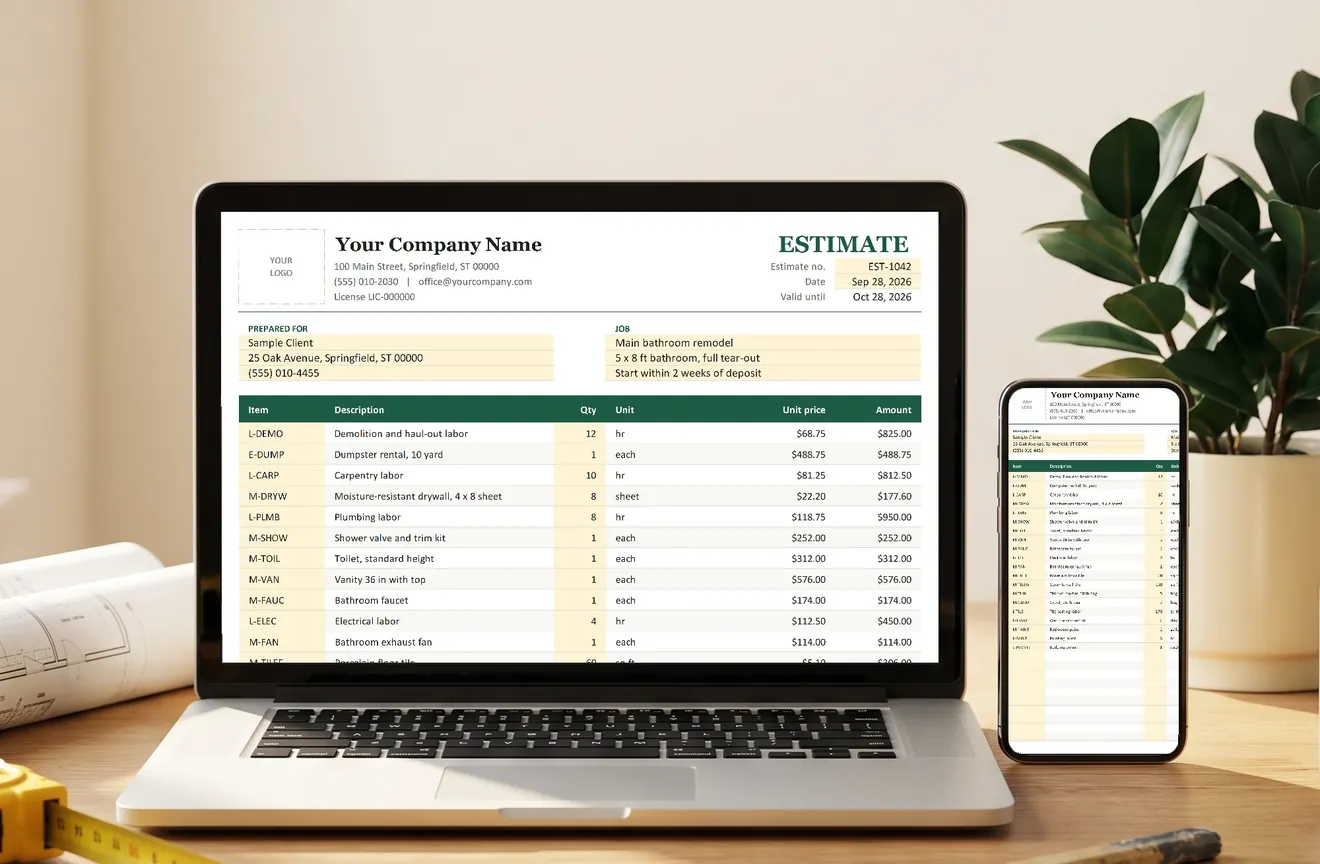 The Contractor Estimate template open on a laptop and a phone, with the example bathroom remodel