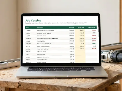 The Job Costing tab open on a laptop at a building site
