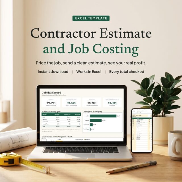 Contractor Estimate and Job Costing Excel template on a laptop and phone, with the job dashboard