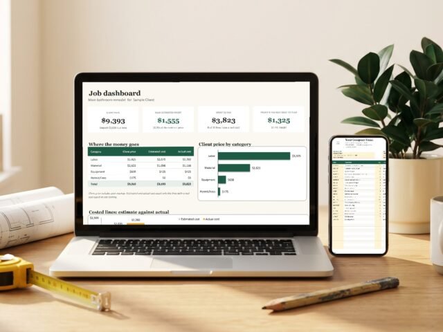 The Contractor Estimate template open on a laptop and a phone, showing the job dashboard