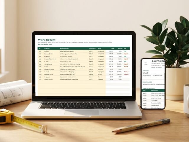 The Work Order template open on a laptop and a phone, showing the job log and a work order