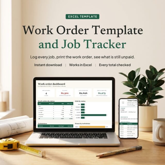 Work Order Template and Job Tracker for Excel on a laptop and phone, with the work order dashboard